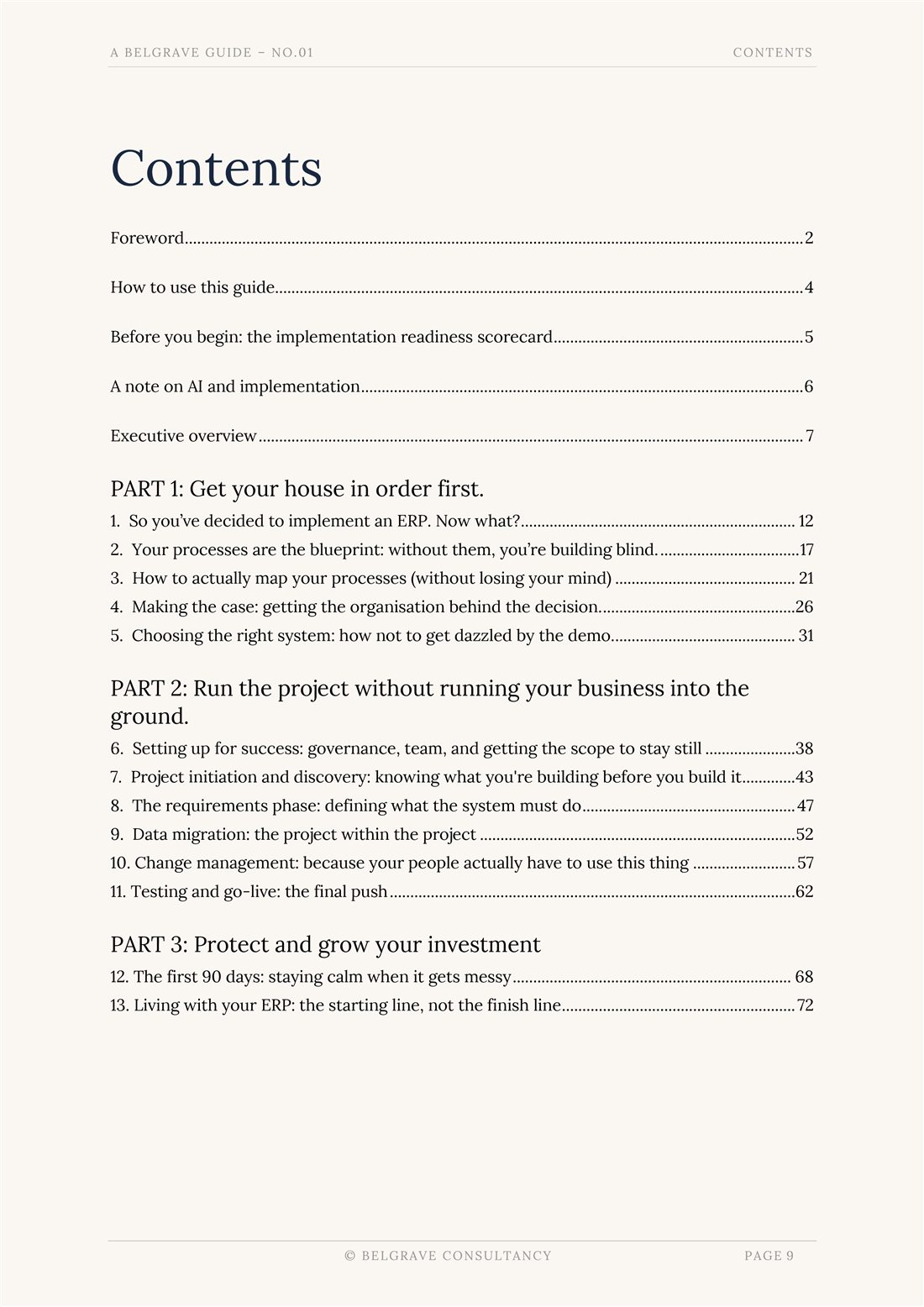 Table of contents, parts one to three